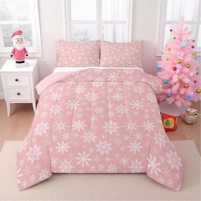 Erosebridal Pink Christmas Comforter Set Full Size Girly Romantic Snowflake Duvet Insert Princess Winter Quilt Girls Modern Style Bedding Set Bedroom Decor Pink Floral Bedding Set & 2 Pillowcases