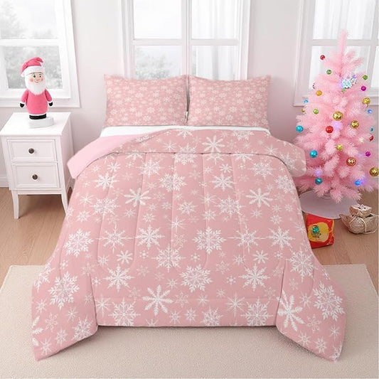 Erosebridal Pink Christmas Comforter Set Full Size Girly Romantic Snowflake Duvet Insert Princess Winter Quilt Girls Modern Style Bedding Set Bedroom Decor Pink Floral Bedding Set & 2 Pillowcases
