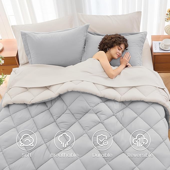MUXHOMO 7 Pieces King Comforter Set, Reversible Bed in a Bag King Size, All Season Bedding Set with Comforter, Flat Sheet, Fitted Sheet, Pillowcases & Shams, Light Grey & Beige
