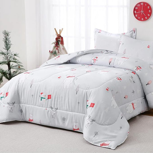 Yibeizi Christmas Comforter Set Twin for Boys Girls, Cute Bear Snowmen Printed Bedding Set with Pillow Sham, Lightweight Soft Breathable Washable Bed Set 2 Piece