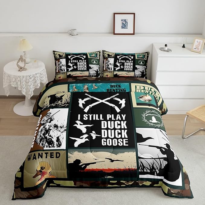 Feelyou Kids Duck Hunting Comforter Set Twin Size, Green Duck Bedding Set Hunting Fishing Comforter for Kids Boys Girls Wildlife Duvet Insert Room Decor with 1 Pillow Case