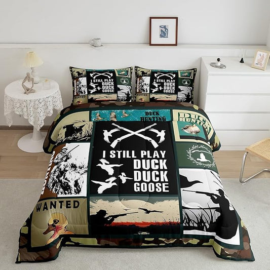 Feelyou Kids Duck Hunting Comforter Set Twin Size, Green Duck Bedding Set Hunting Fishing Comforter for Kids Boys Girls Wildlife Duvet Insert Room Decor with 1 Pillow Case