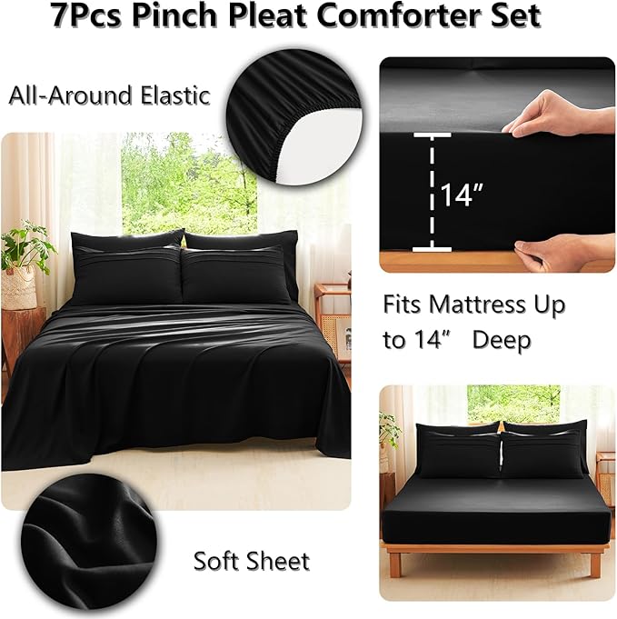 CozyLux Queen Comforter Set Black, 7 Pieces Soft Pinch Pleat Bed in a Bag Queen Comforter Set with Sheets, Boho Bed Set with Down Alternative Comforter, Sheets, Pillowcases & Shams