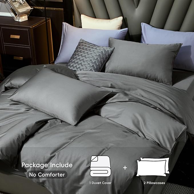 MooMee Duvet Cover Set 100% Extra Long Staple Cotton 600 Thread Count Silky Sateen Smooth Luxury Soft Breathable Durable Hotel Quality Bedding, 3 Pieces (Dark Gray, Oversized Queen 98"x98")
