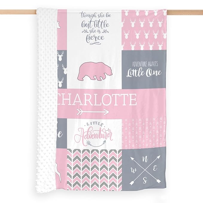 Custom Micro Fleece Baby Blanket for Girls with Double Layer and Soothing Raised Dots, Breathable and Soft Lightweight Receiving Blanket for Newborns, 35x45 Inches, Woodland Bear, Baby Pink