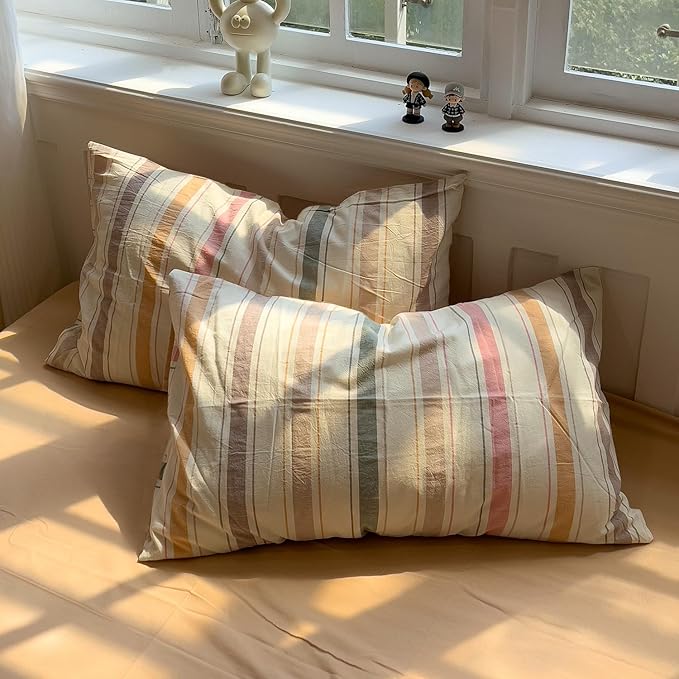 mixinni Vintage Striped Duvet Cover Set Queen, 3-Piece 100% Washed Cotton Bedding Set - Soft & Breathable Colorful Comforter Cover with Zipper, All-Season Lightweight Bed Set for Cozy Home