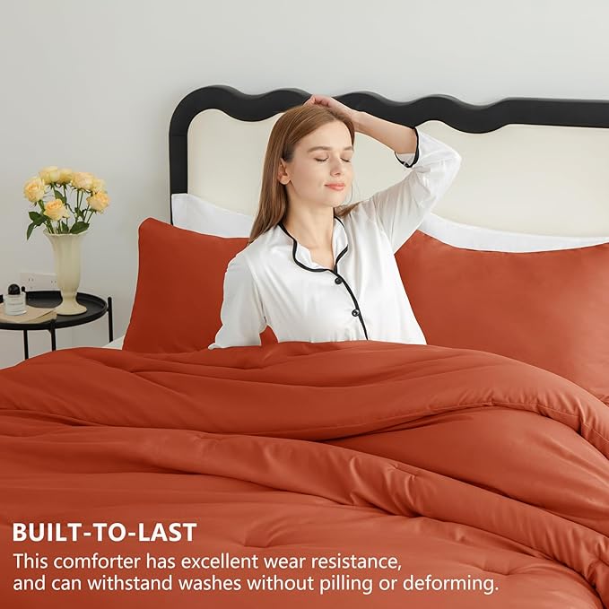 CozyLux California King Comforter Set Burnt Orange, 3 Pieces Cal King Terracotta Solid Breathable Bedding Sets, Luxury Soft Quilt Bed Set with Down Alternative Comforter (1 Comforter & 2 Pillowcases)