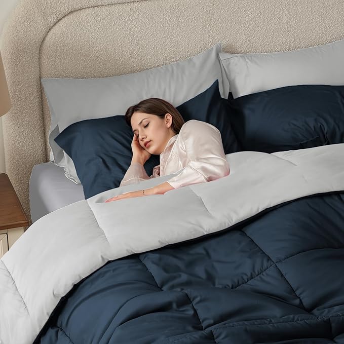 Anluoer California King Size Bed in a Bag 7 Pieces,Navy and Grey Cal King Comforter Set with Sheets,All Season Bedding Sets with Comforter,Pillow Shams,Pillowcases,Flat Sheet,Fitted Sheet