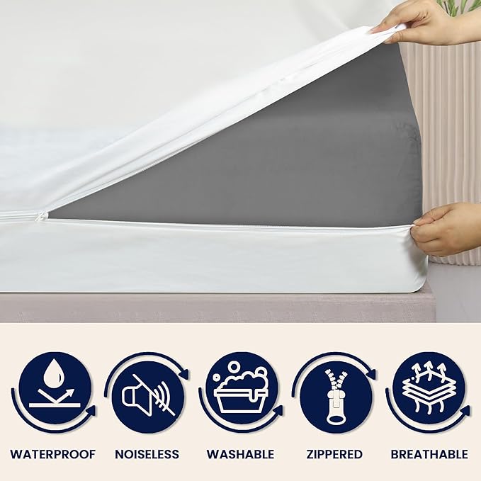 Twin Mattress Protector Encasement with Zipper – Waterproof Mattress Protector Twin Size – Soft, Breathable & Noiseless Zippered Mattress Cover – Fits Up to 12”