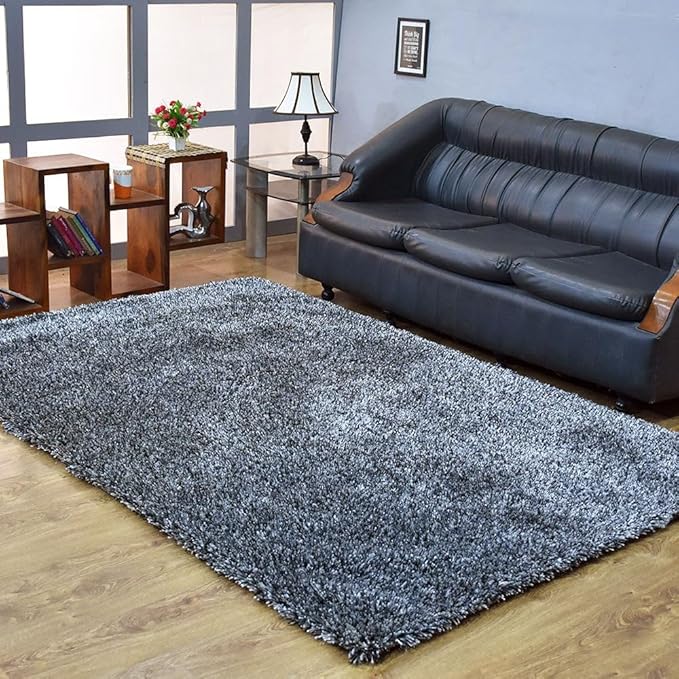 Hand Tufted SHAG Polyester ECO-Friendly Area Rugs - 5'x8', Rectangle, Black White, Solid Plain Design, High Pile Thick Handmade Anti Skid Rugs for Living Room, Bed Room K00111