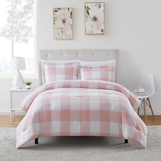 King Size Comforter Set with Sheets - 7-Piece Bedding Collection - 1 Comforter, 1 Fitted Sheet, 1 Flat, 4 Pillowcases - Deep Pocket - Soft & Premium Quality - Ideal for All Seasons Checkered Box Blush
