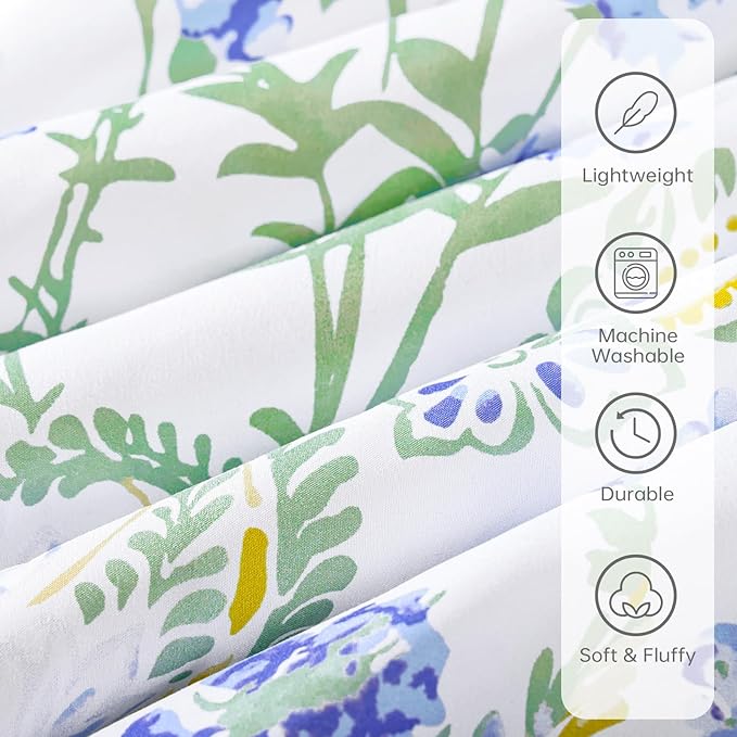Yiran Blue Floral Comforter Set Queen Size, 7 Piece Watercolour Botanical Comforter Bedding Set, Bed in a Bag Queen, Soft Microfiber Complete Bedding Set with Sheets for All Season