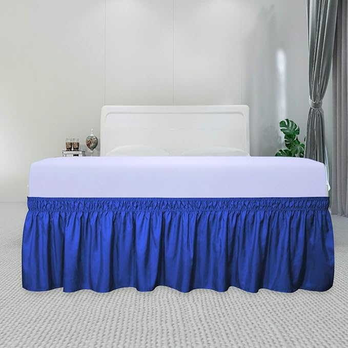 PureFit Wrap Around Ruffled Bed Skirt with Adjustable Elastic Belt - 14 Inch Drop Easy to Put On, Wrinkle Free Bedskirt Dust Ruffles, Bed Frame Cover for Twin, Twin XL and Full Size Bed, Classic Blue