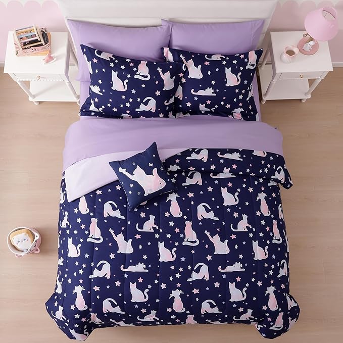 Twin Comforter Set for Girls-5 Pieces Cute Cat Twin Bedding Sets for Kids, Ultra Soft Bed in A Bag with Sheets