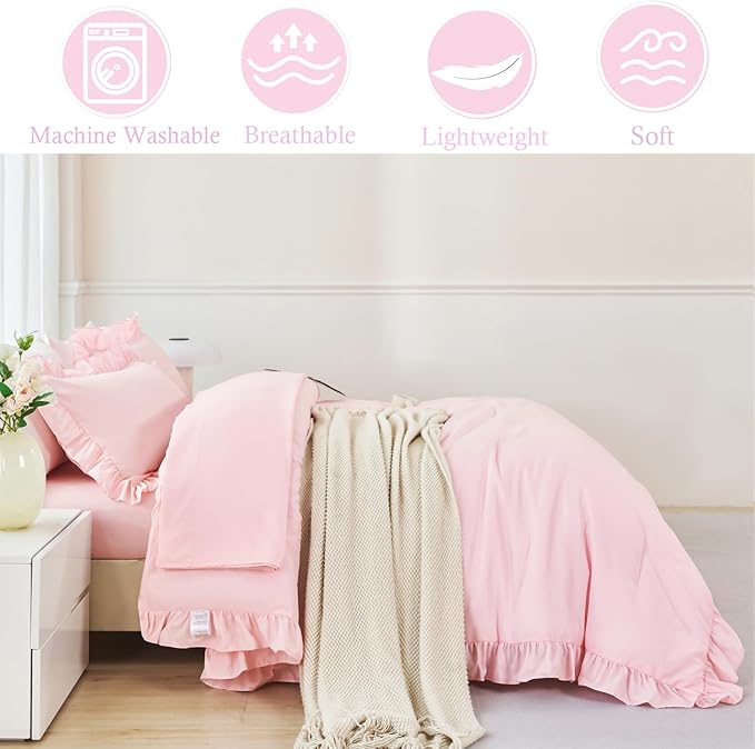 ANGIYUIN Pink Girls Comforter Sets Full Size 5 Pieces Shabby Chic Ruffle Kids Bed in A Bag with Sheets Farmhouse Soft Fluffy Bedding Comforter Sets with Pillowcases(Pink Full)