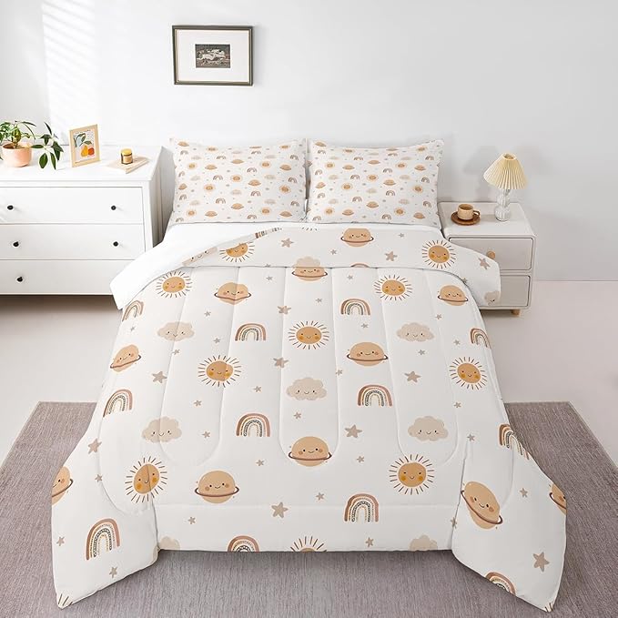 Erosebridal Girls Rainbow Comforter Set Kids Sun and Stars Quilt Queen Children Kawaii Planets Clouds Comforters & Sets Girly Cartoon Theme Bedding Set Iridescent Print Down Comforter + 2 Pillowcases