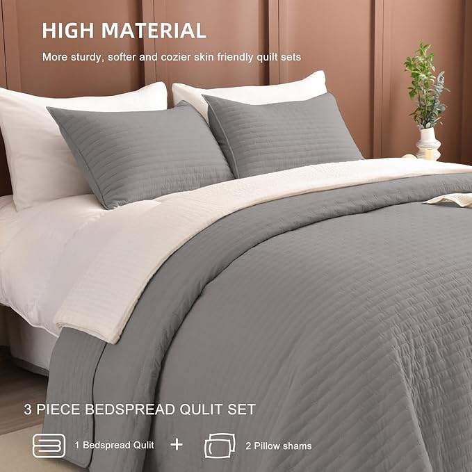 Lady Ann Oversized Queen Quilt 100x106, Gray Oversized Queen Bedspreads Set for Bed, Lightweight & Soft Farmhouse Coverlet All Season Extra Large 3 Pcs Quilted Bedding Sets