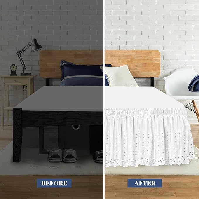 Queen Bed Skirt, Wrap-Around Elastic Ruffled Eyelet Bed Skirt Queen Size Dust Ruffle with Gathered Styling and Embroidered Details, 18" Drop Length (White)