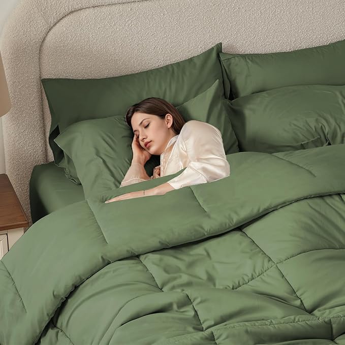 Anluoer California King Size Bed in a Bag 7 Pieces,Olive Green Cal King Comforter Set with Sheets,All Season Bedding Sets with Comforter,Pillow Shams,Pillowcases,Flat Sheet,Fitted Sheet