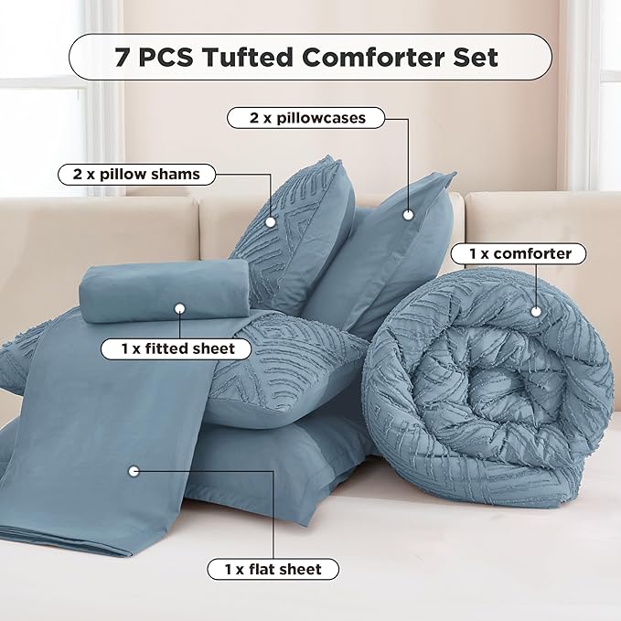 Andency California King Comforter Set Grayish Blue - 7 Pieces Bed in a Bag Cal King Bedding Comforter Sets, Tufted Lightweight Fluffy Bed Set with Comforter, Sheets, Pillowcases & Shams