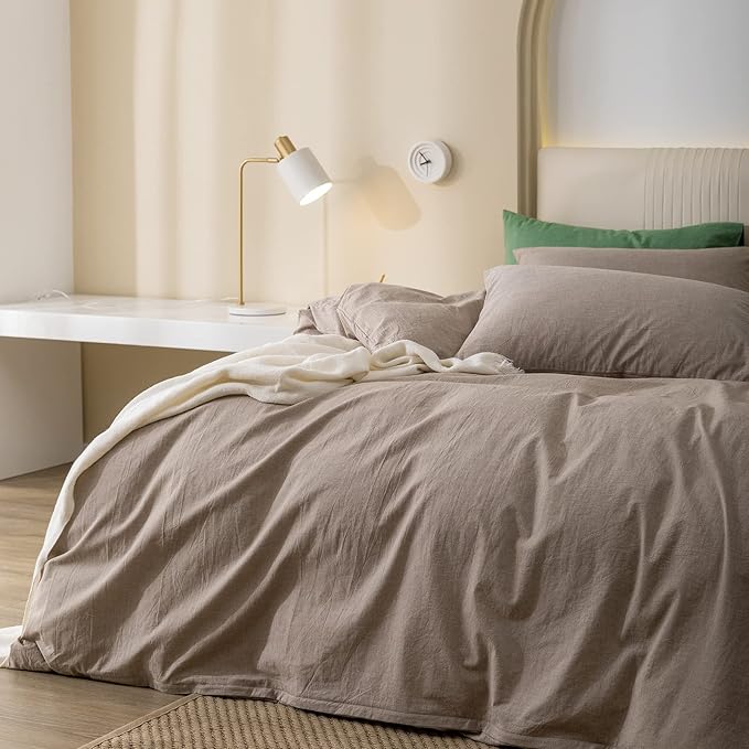 JIYUAN 100% Washed Cotton Duvet Cover Set Comfy Simple Style Soft Breathable Textured Durable Linen Feel Bedding for All Seasons King, Taupe