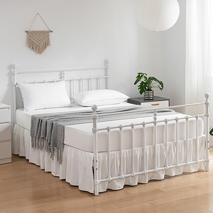 Bed Skirt King Size Ruffled Bed Skirts with Split Corners,14 Inch Drop Dust Ruffle Bed Skirt with Platform, Ivory