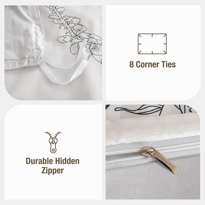 Lekesky Duvet Cover Queen Size, Reversible Dahlia Floral Duvet Cover Set, Soft Microfiber Off White Bedding Duvet Cover Sets with Zipper Closure (1 Duvet Cover 90"x90", 2 Pillowcases 20"x26")