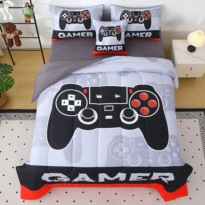 JQinHome Queen Gamer Comforter Sets for Boys,6 Piece Bed in A Bag 3D Video Gamer Bedding -All Season Microfiber Gaming Bedding Set for Kids, with Sheet Sets(Cyber Red)