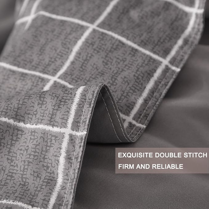 Nanko Queen Duvet Cover Set Gray, 3 Pieces 1200 TC Luxury Microfiber Down Comforter Quilt Bedding Cover with Zipper Closure, Ties - Organic Modern Style for Men and Women, Plaid