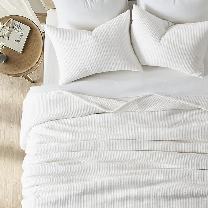 EVERGRACEHOME Cotton Gauze Full Queen Bedspread, Ultra Soft Prewashed Pick Stitch Matelassé Coverlet, Lightweight Textured Oversized Queen Quilt Bedding Set for All Season, w/2 Shams, White