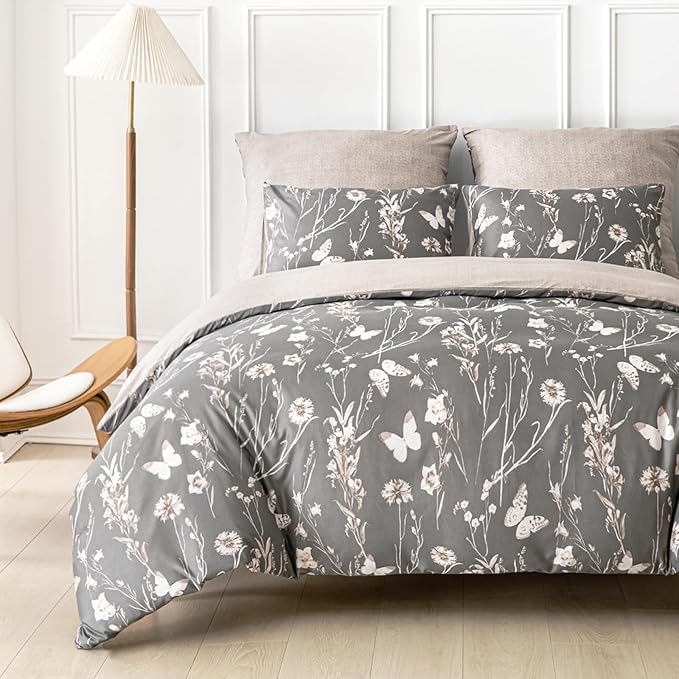 Lekesky Grey Duvet Cover Set Queen Size, Reversible Vintage Print Comforter Cover Queen Size 3pc, Soft 100% Washed Microfiber Grey Bedding Sets with Zipper Ties and 2 Pillowcases