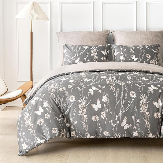 Lekesky Grey Duvet Cover Set Queen Size, Reversible Vintage Print Comforter Cover Queen Size 3pc, Soft 100% Washed Microfiber Grey Bedding Sets with Zipper Ties and 2 Pillowcases
