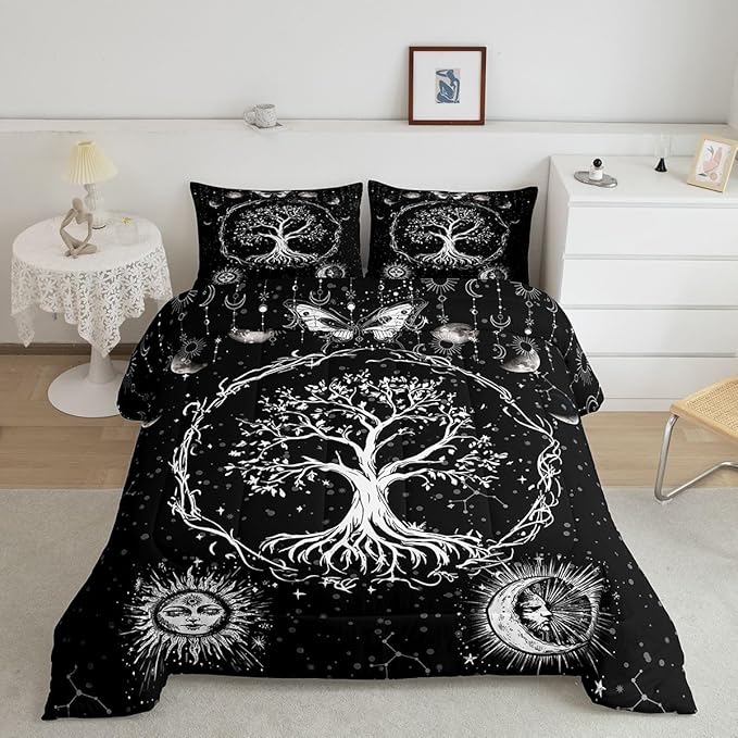 Feelyou Sun and Moon Comforter Bohemian Tree Butterfly Style Bedding Set Psychedelic Hippie Comforter Set for Boys Girls Children Teens Bedroom Decor Galaxy Astrology Duvet Set Queen Size