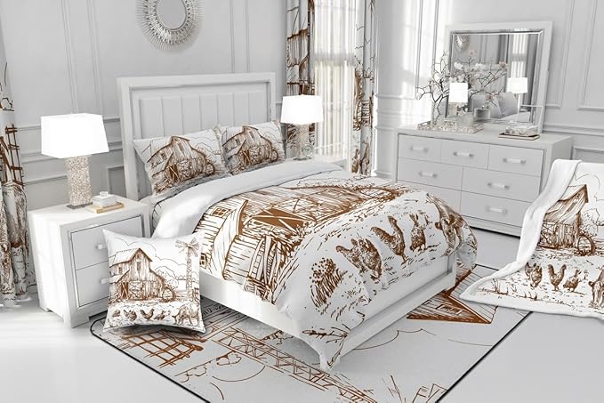 Windmill Comforter Set King, Rustic Barn Farmhouse Bedding, Chick Cow Farm Animals Down Comforter, Hand Drawn Illustration Bedding Comforters, Countryside Rural Meadow Room Decor Duvet Set, Taupe