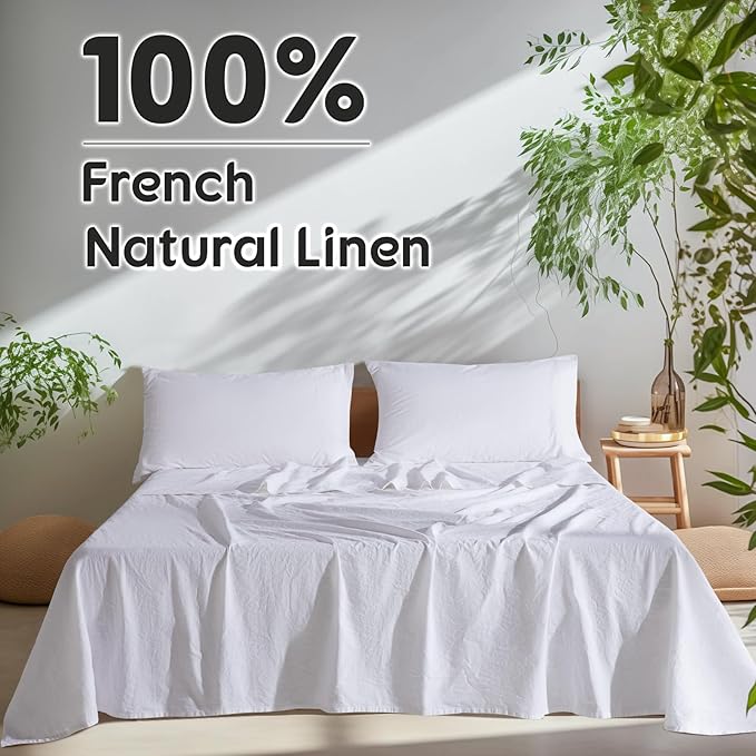 SONORO KATE 100% French Pure Linen Sheets, Breathable and Durable Line Twin Size Sheets, Anti-Tear Line Bed Sheets, Machine Washable, 16 Inch Deep Pocket - 3 Piece (White, Twin)