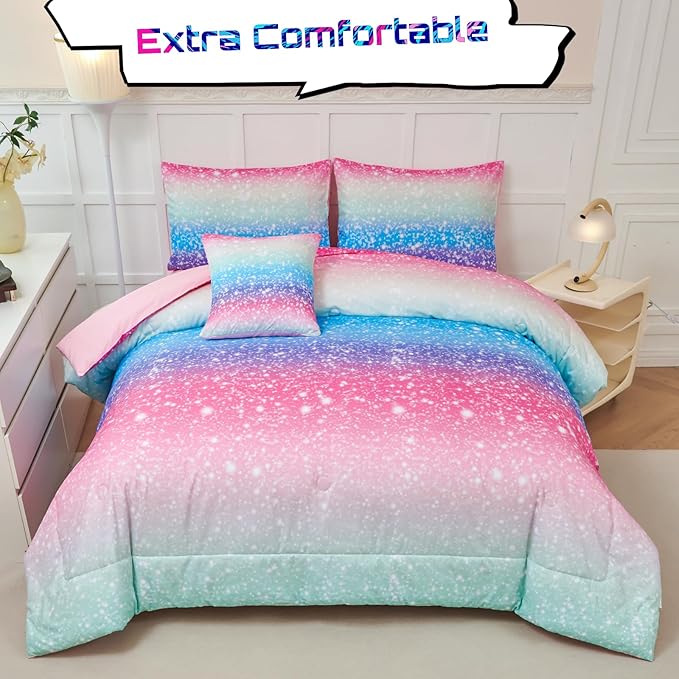 PERFEMET Girls Comforter Set with Sheets 6 Pieces Full Size Bedding Set Blue Pink Green Ombre Bed in A Bag Rainbow Tie Dye Kids Bed Sets Grandient Glitter Full Comforter Sets