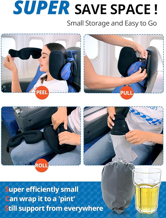 Travel Pillow, Upgrade Airplane Pillow for Long Flight, 360° Support Headrest, Travel Neck Pillow Eye Masks for Sleep, Compact Airplane Travel Essentials, Stop Bobblehead, Mottled Grey