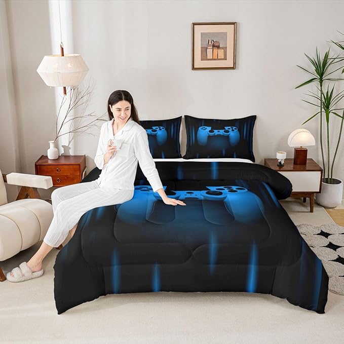 Feelyou Boys Gamer Comforter Set Twin Size Bedding Set for Kids Gaming Comforter Blue Black Video Games Gamepad Room Decor for Teens Child Super Soft Geometric Duvet Quilted Son Grandson Gift