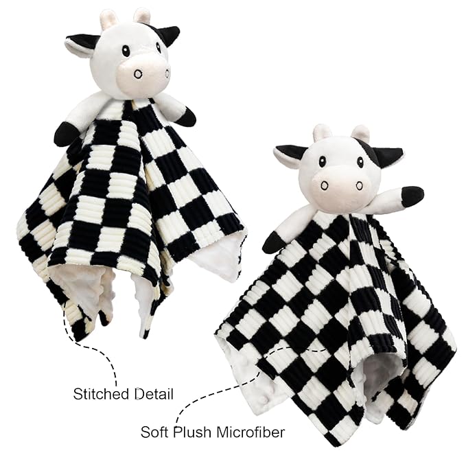 Cow High Contrast Baby Security Blanket for Babies, Soft 3D Checkerboard Lovey with Minky Dot Fabric Backing, Newborn Boys and Girls Snuggle Stuffed Animal Blankie 14 Inch