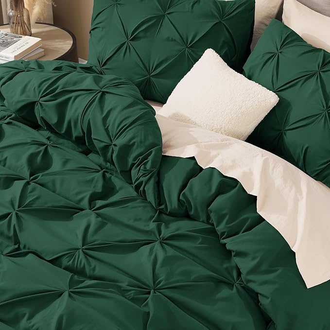 Litanika Emerald Pinch Pleat Duvet Cover Queen, 3 Pieces Pintuck Soft Microfiber Bedding Set with Zipper Closure & Corner Ties(90x90Inch-1 Duvet Cover, 2 Pillowcases)
