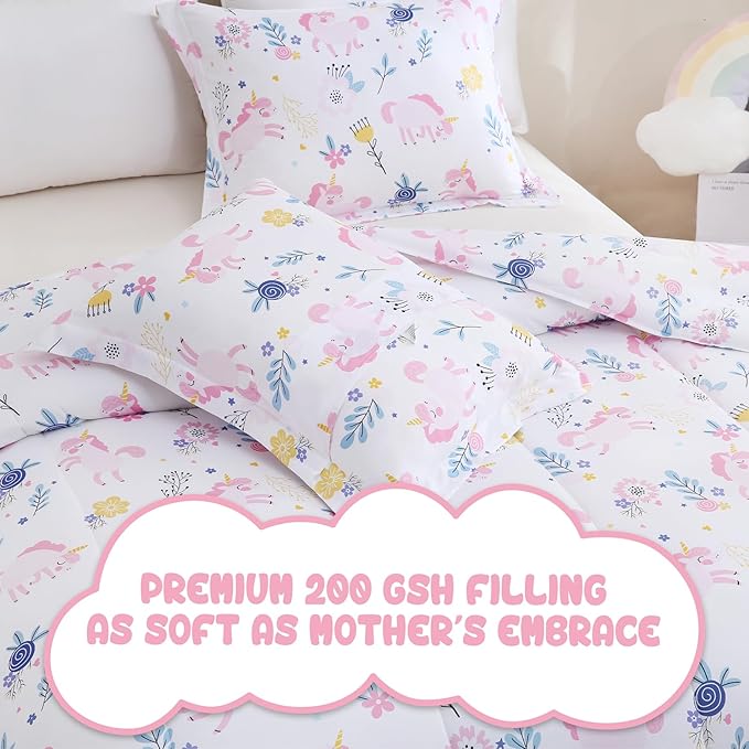 Yibeizi Pink Unicorn Comforter Set for Girls Twin, Kids Boho Floral Printed Bedding Set with Pillow Sham, Cute Lightweight Soft Breathable Machine Washable Quilted Bed Comforter Set 2 Piece