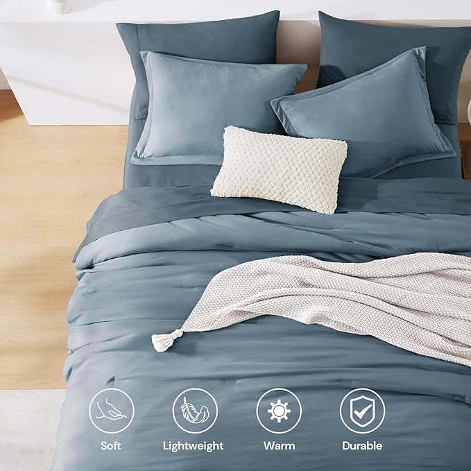 WRENSONGE Queen Comforter Set- 7 Pieces Soft Oxford Blue Bed in a Bag with Fitted Sheet, Flat Sheet, 2 Pillow Shams, and 2 Pillowcases- Warm Bedding Sets Queen for All Season
