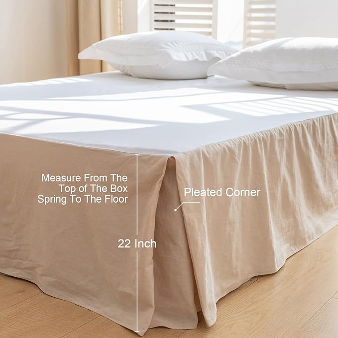 BISELINA French Linen Bed Skirt with Pleated Corner 22-Inch Tailored Drop Natural Flax Cotton Blend Basic Dust Ruffle Soft Cozy Farmhouse Bedding (22" King, Basic Linen)