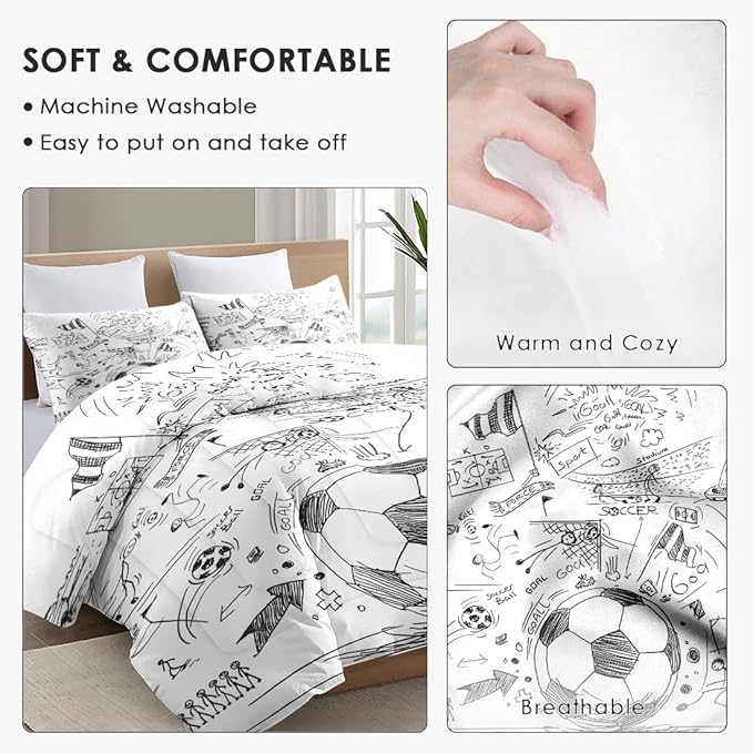 King Size Comforter Set with 2 Pillowcases, Soccer Ball Game Painting Cup Soft 3 Pcs Bedding for Kids and Adults Bedroom Bed Decor