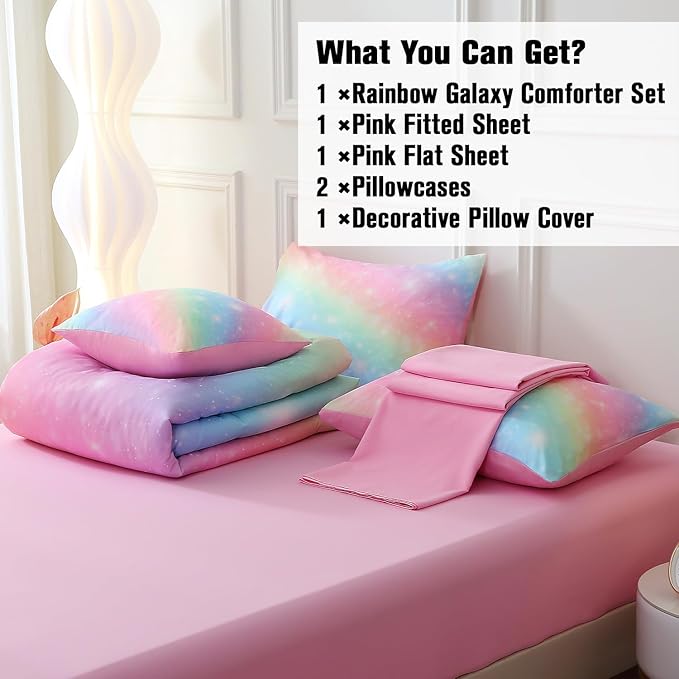 JQinHome Glitter Bedding Set Full Size,6 Piece Bed in A Bag 3D Colorful Rainbow Galaxy Comforter Set for Girls Kids-All Season Microfiber Tie-Dye Bedding Sets(Rainbow)