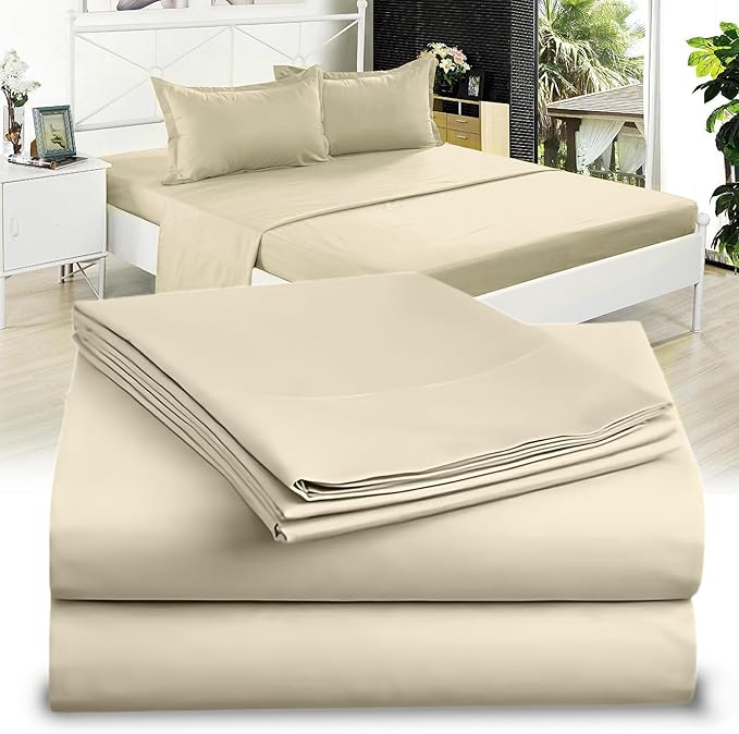 Full XL 100% Microfiber Double Brushed Sheet Set - Extra-Soft, Breathable & Wrinkle-Free - 15" Deep Pockets, 54" x 80" - Ideal for Extra Long Full Beds - 4PC Set (Full XL, Beige)