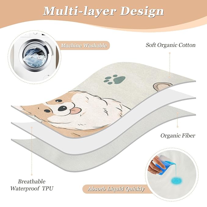 Waterproof Bed Pad Reusable Changing Pad Toddler Mattress Protector Large Pee Pad Baby Diaper Pad Soft Washable Liner Beige Dog Flower