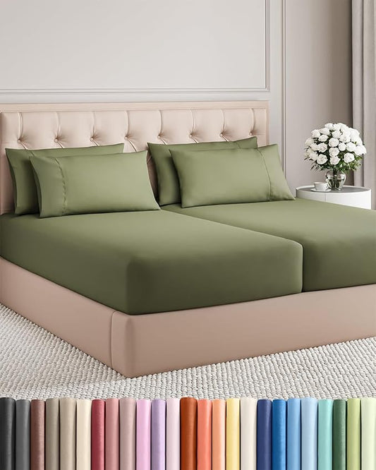 Split King 7 Piece Sheet Set - Comfy Breathable & Cooling - Soft Hotel Luxury Bedding Set with 8-16 Inch Deep Pockets - 1 Flat & 2 Fitted Sheet & 4 Pillowcases - Wrinkle Free & Easy Care - Sage Green