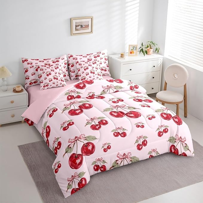 Feelyou Red Cherry Comforter Set with Sheets 7 Piece Twin Size Pink Bowknot Bed in a Bag Kids Boys Girls Cartoon Cherry Bedding Set Cute Bow Bedroom Decor Breathable Soft Lightweight Microfiber