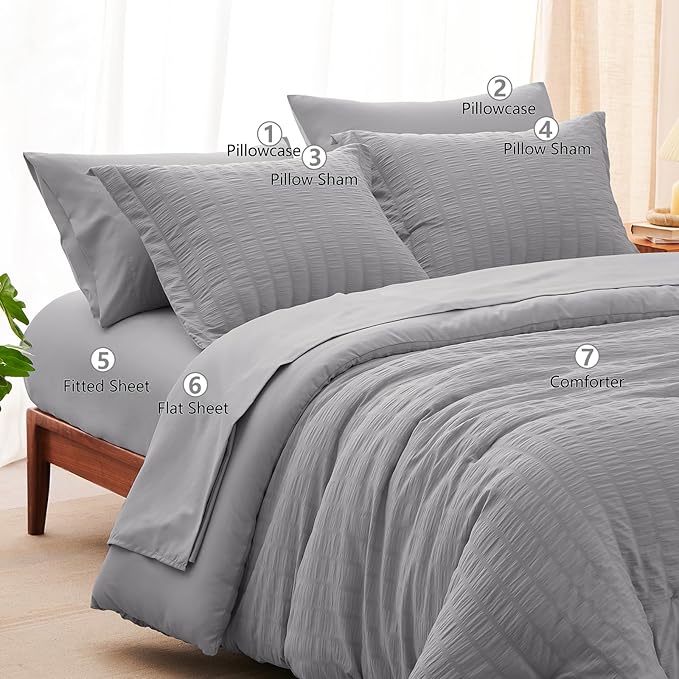 CozyLux Queen Comforter Set Grey Seersucker 7 Pieces Bed in a Bag Queen Comforter Set with Sheets, Gray Luxury Soft Bedding Set with Down Alternative Comforter, Sheets, Pillowcases & Shams All Seasons